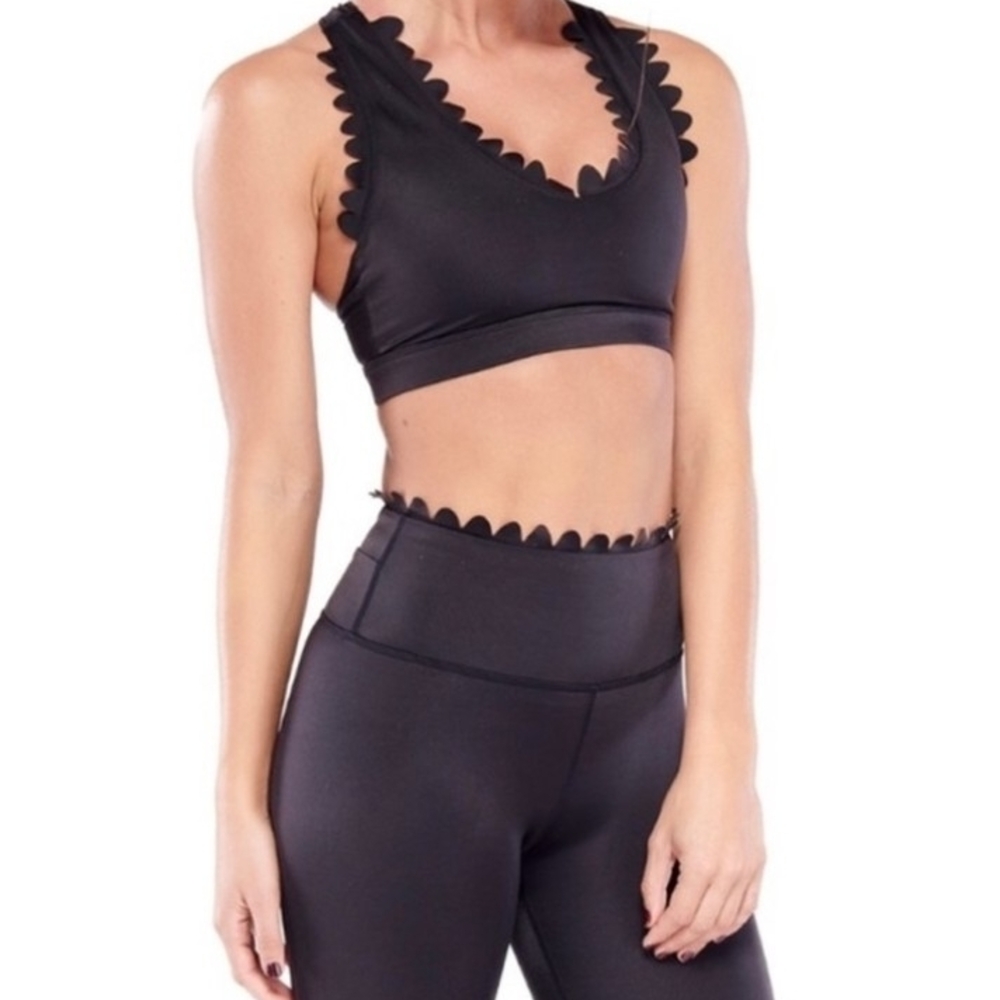 Black Scalloped Edge Sports Bra and Leggings Set